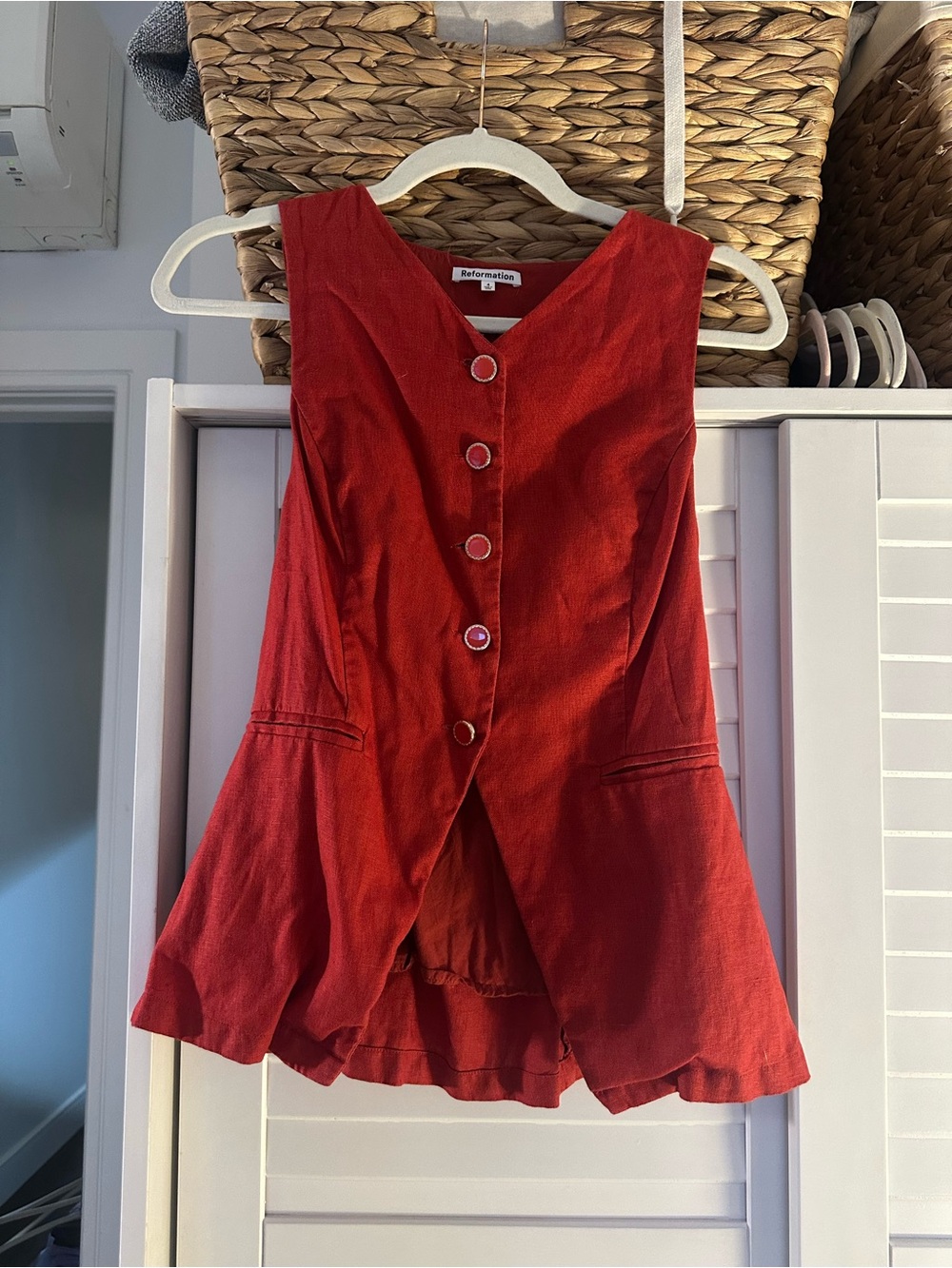 Reformation Red Button-Front Sleeveless Peplum Top